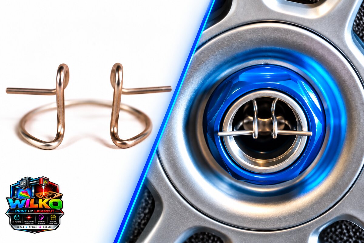 Bent wire lock clip shown on its own and fitted into a blue wheel nut
