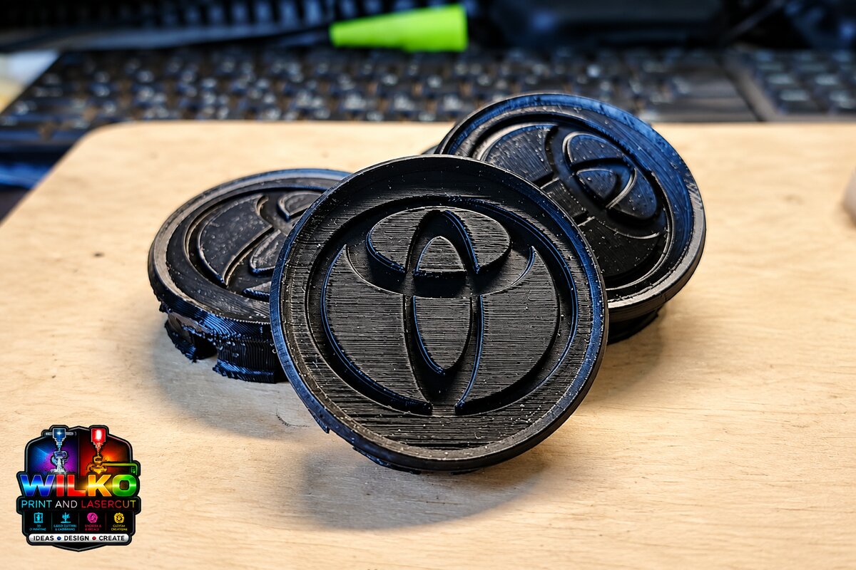 Black 3D printed Toyota emblem caps