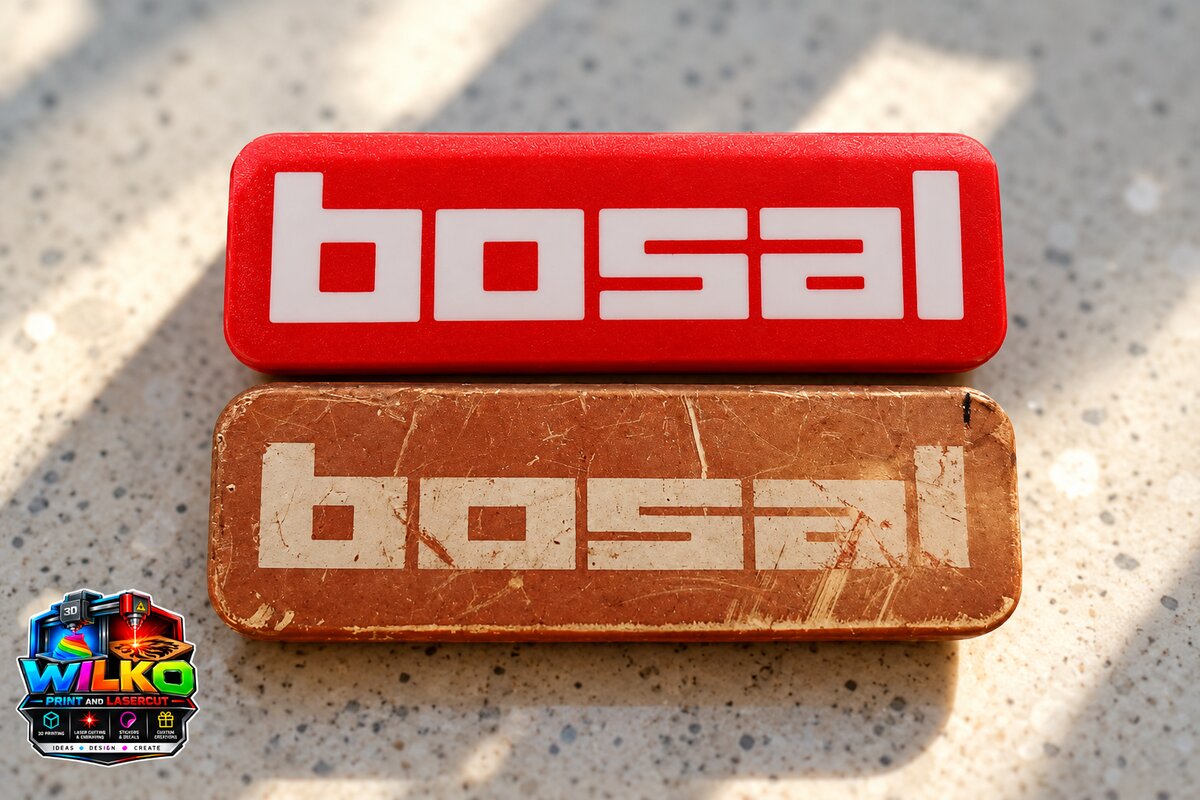New red Bosal badge next to a worn original