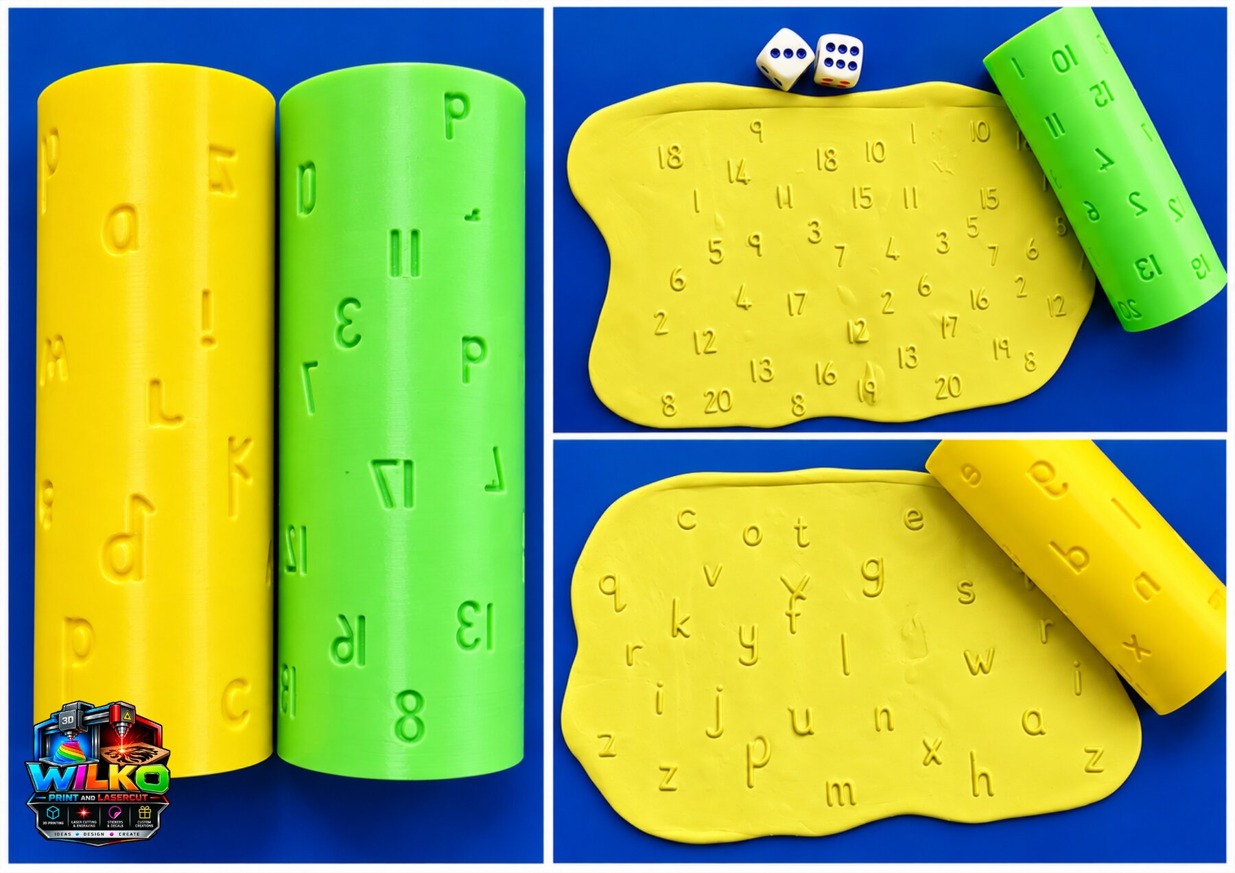 3D printed number and lowercase letter rollers stamping impressions into yellow clay