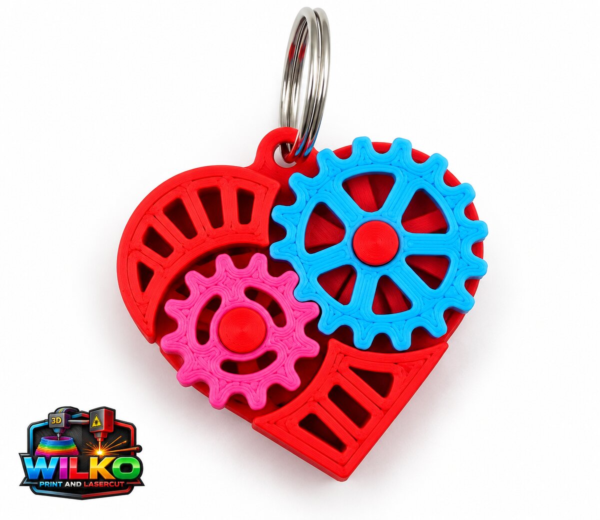 Red heart keyring with turning blue and pink gears