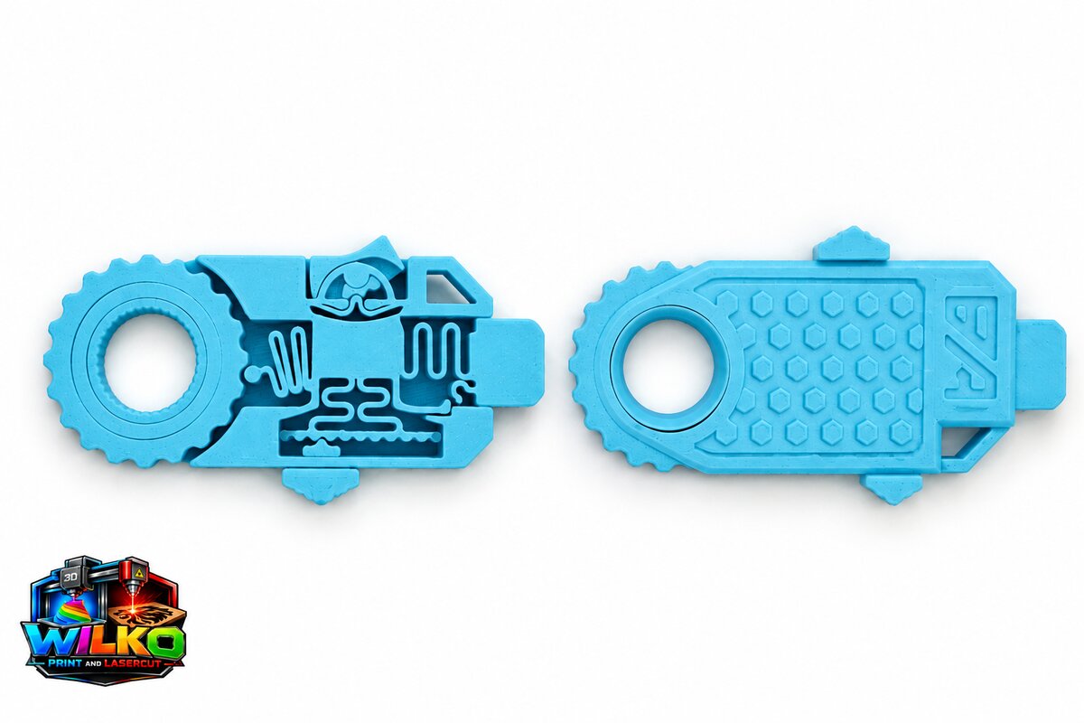 Blue sensory fidget tool shown front and back