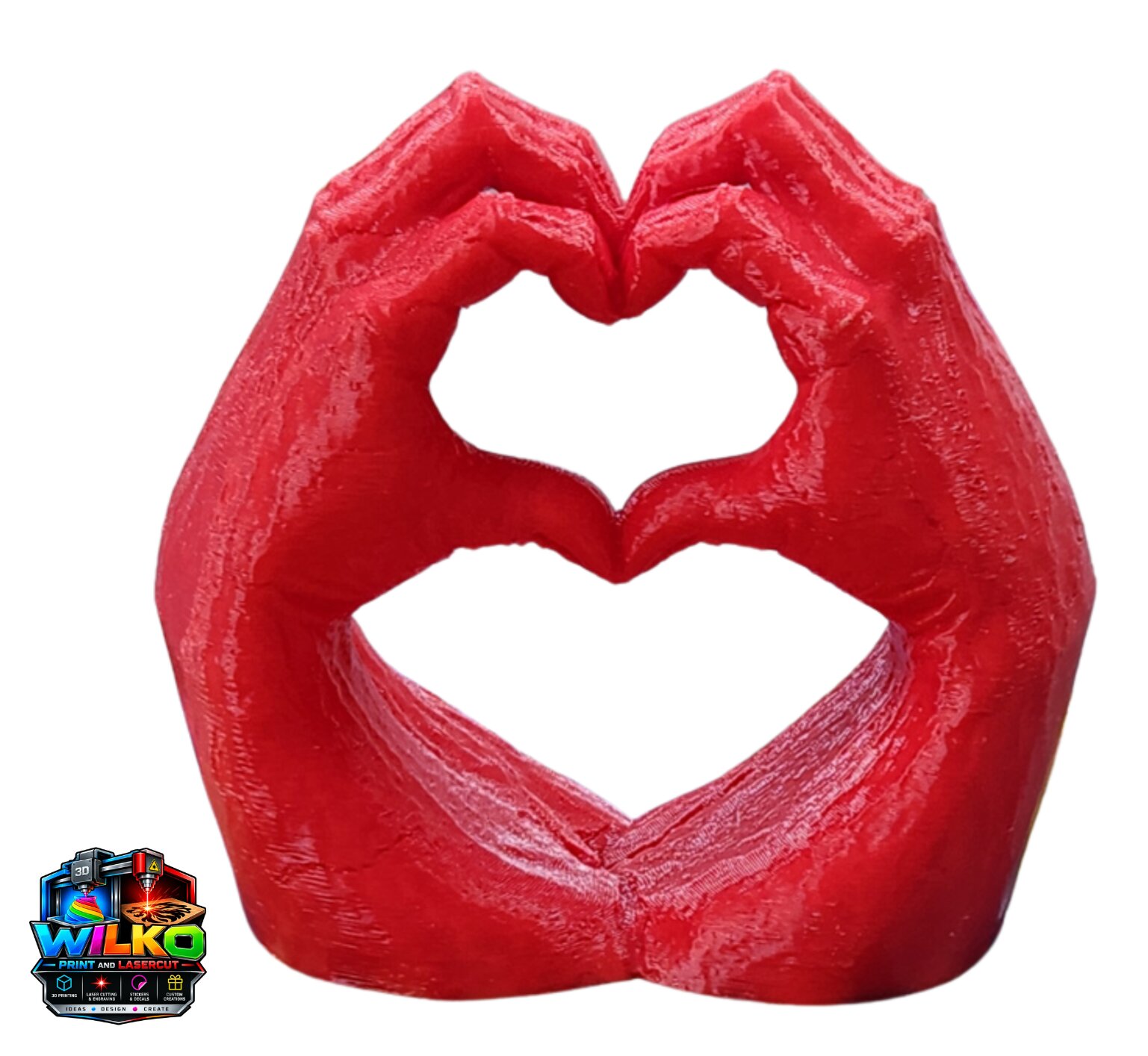 Glossy red 3D printed sculpture of two hands forming a double heart-hand gesture