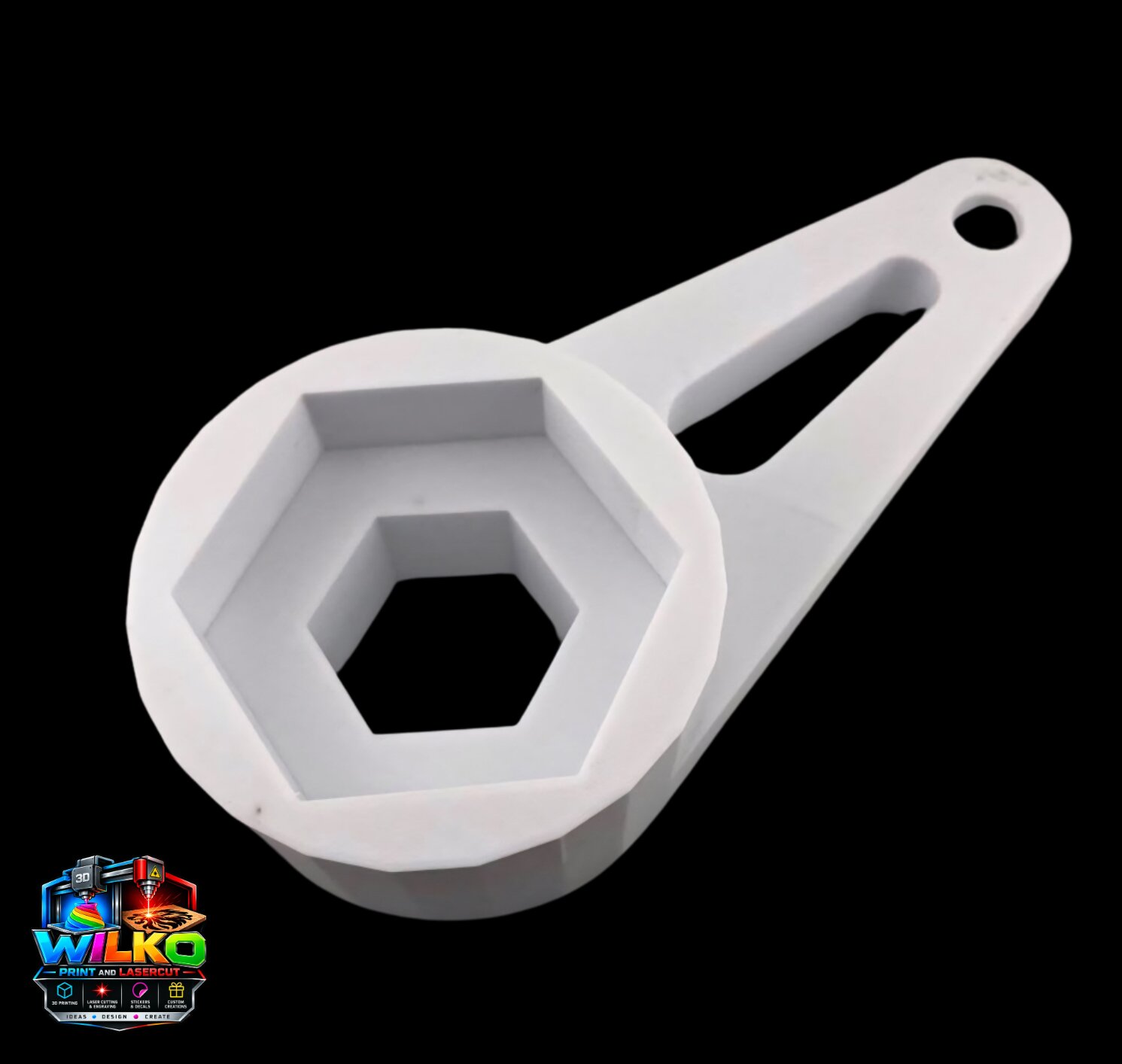 White 3D printed hex socket wrench with a long handle and hanging hole
