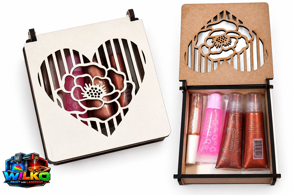 Laser cut wooden gift boxes with a heart and flower lid, shown closed and open