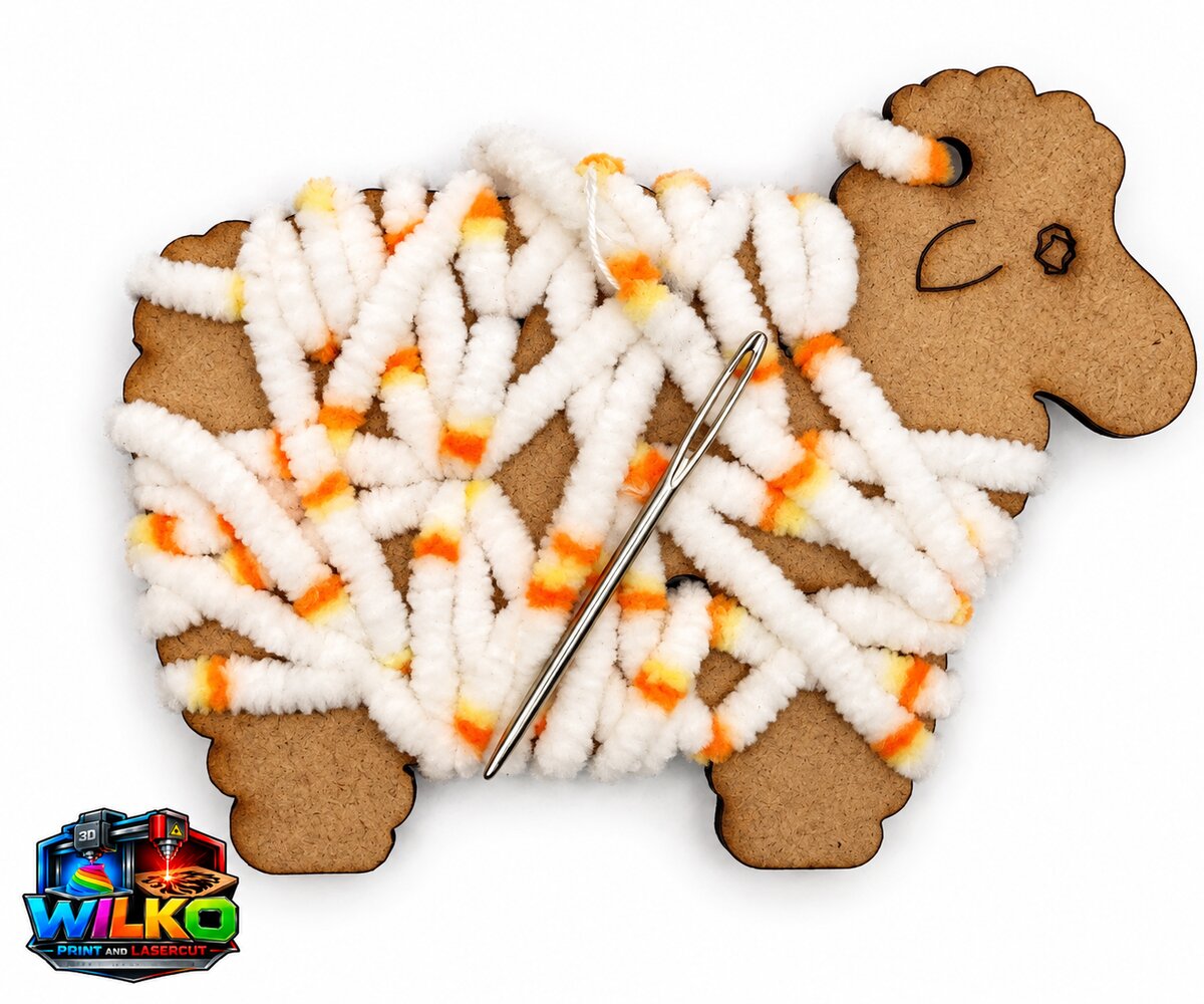 Laser cut wooden sheep lacing board wrapped with pipe cleaners and a large needle