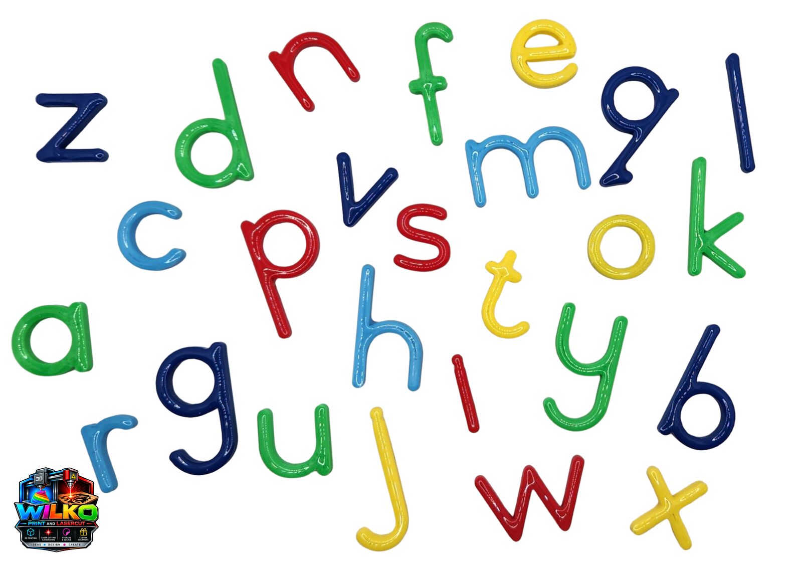 Full set of colourful 3D printed lowercase letters laid out from a to z
