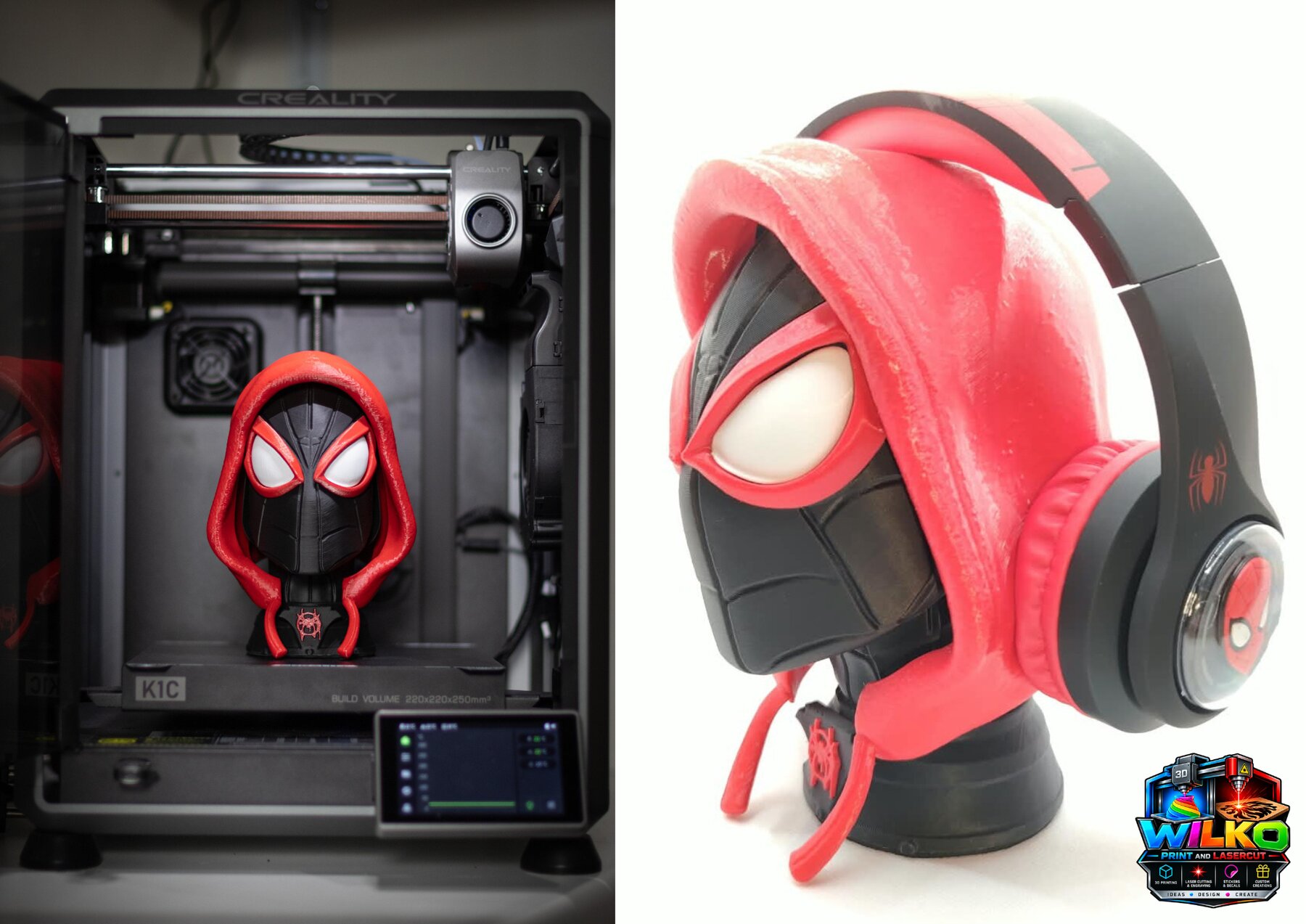 Red and black hooded hero bust headphone stand, shown on the printer and finished with headphones resting on it