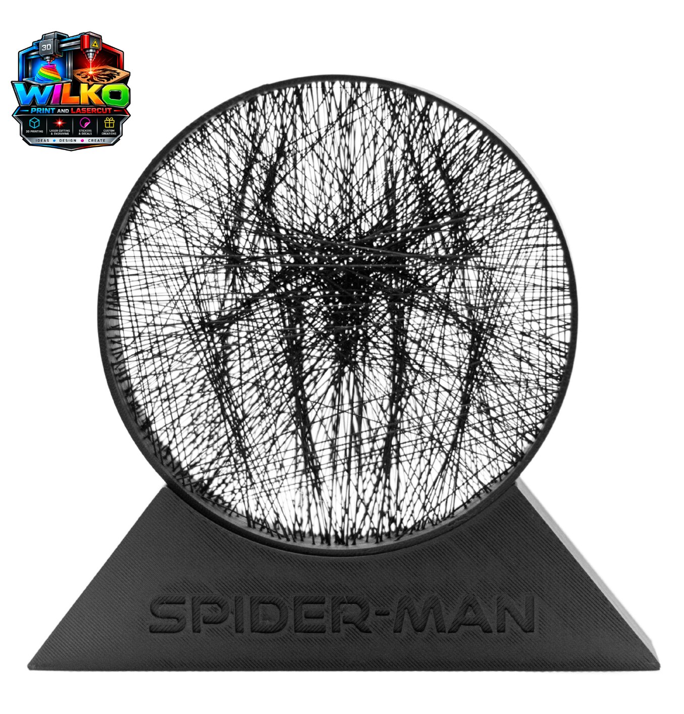 Black line-art bust made from crossing threads, mounted on a wedge stand engraved with a superhero name