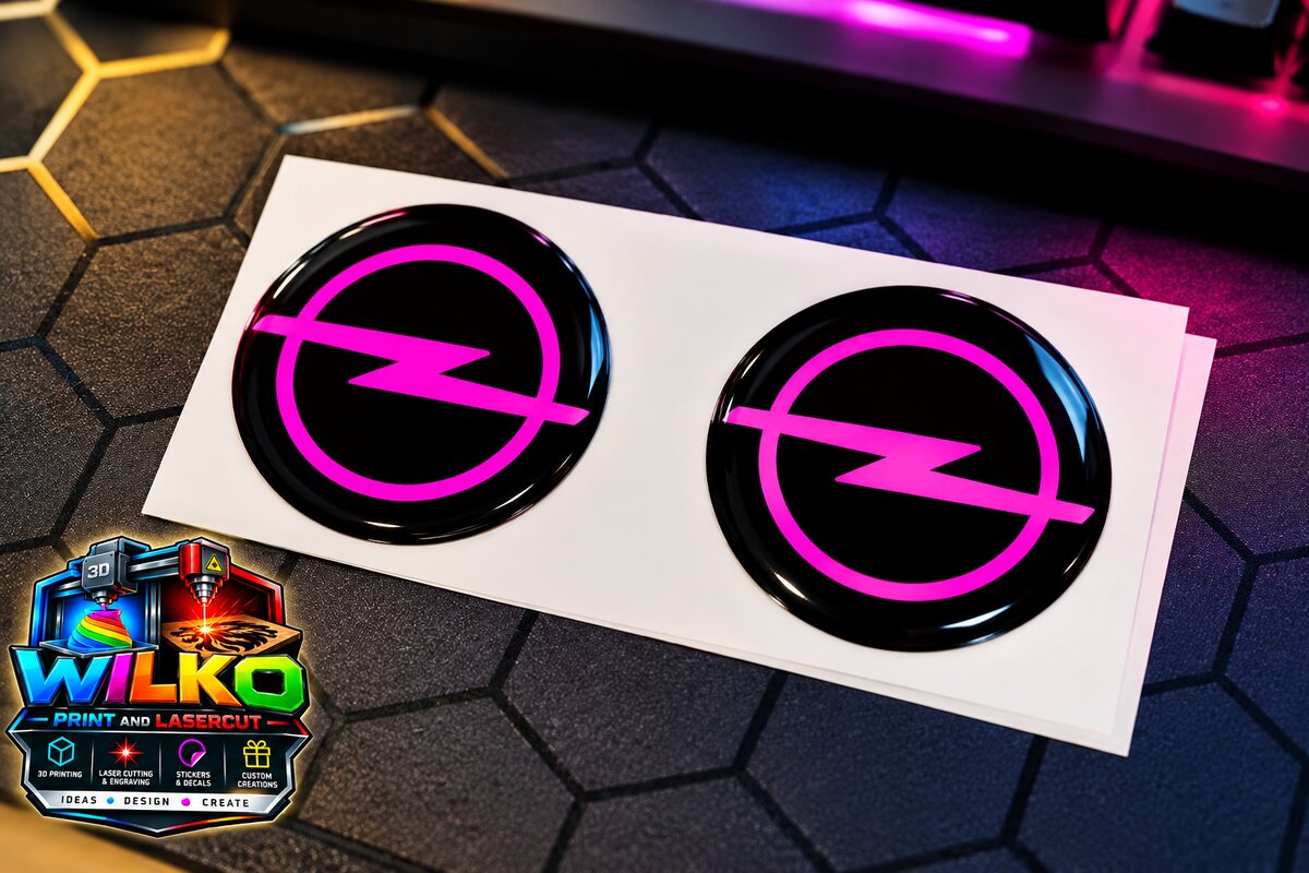 Two domed black and pink emblem stickers on a backing sheet