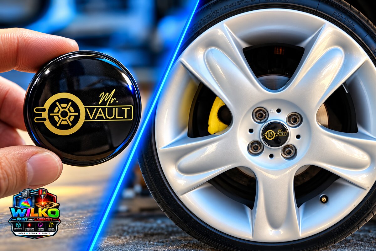 Custom Mr. Vault domed badge shown in hand and fitted to a wheel centre