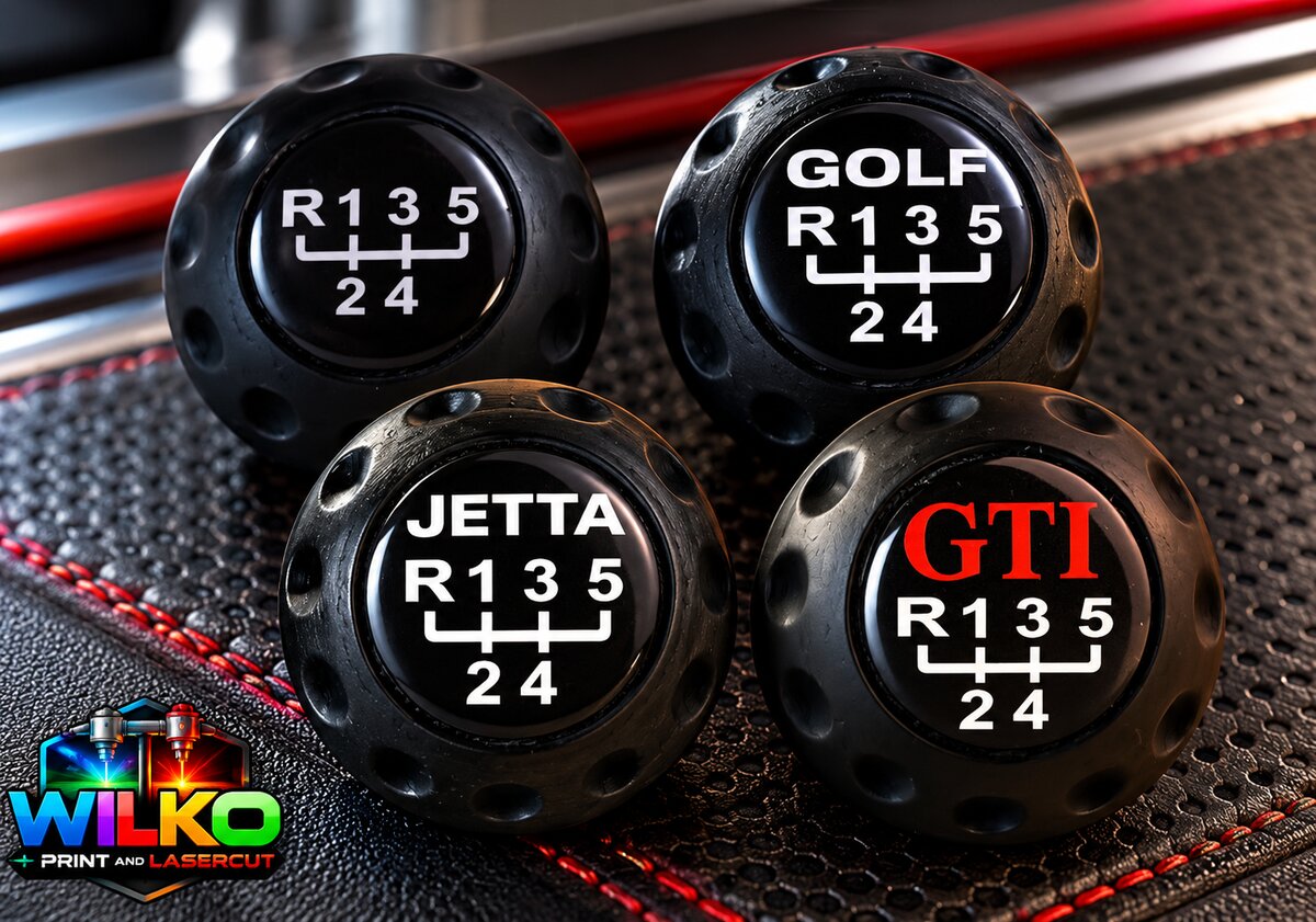 Black gear knobs with domed Golf, Jetta, GTI and shift-pattern decals