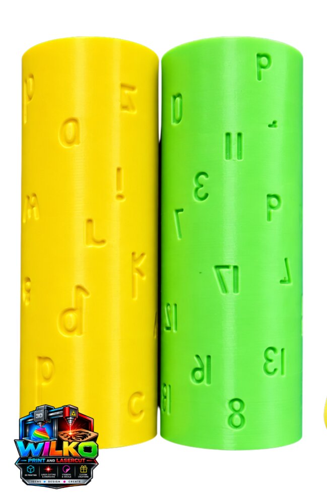 Yellow and green 3D printed letter and number clay rollers