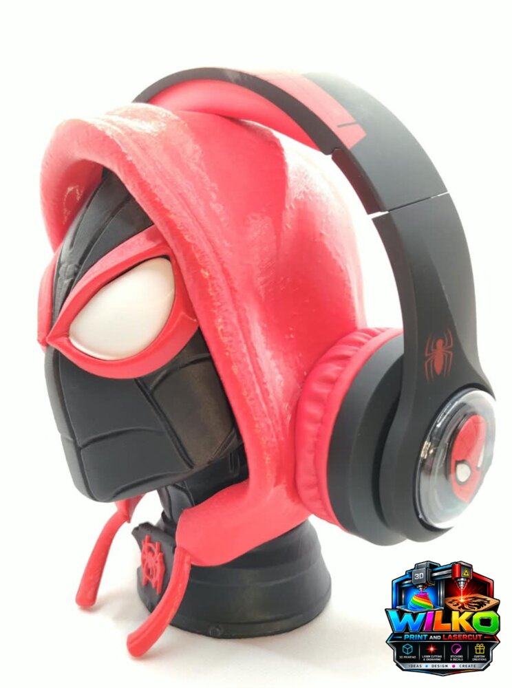 Red and black hooded hero headphone stand