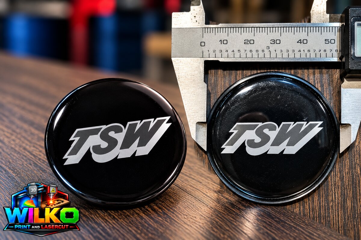 Black TSW centre caps measured with a caliper